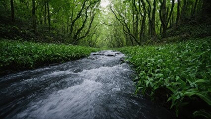 Fototapeta premium river running through a lush green forest filled with lots of water lills and trees