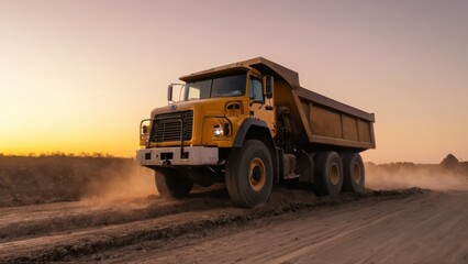 dump truck driving down a dirt road next to a pile of dirt at sunset