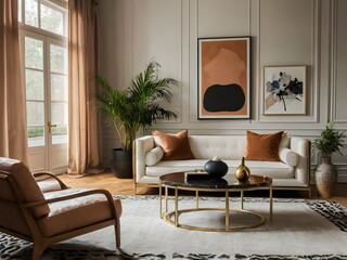 Fototapeta premium Modern luxury living room wall poster mockup. Interior mockup with house background. Modern interior design.