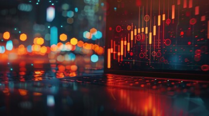 Fototapeta premium Digital Trading: Close-Up of Laptop with Forex Chart, Blurry Background with Double Exposure