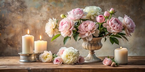 Obraz premium Elegant still life arrangement featuring freshly cut peonies, white candles, and ornate vase on a worn wooden table against a soft, creamy background.