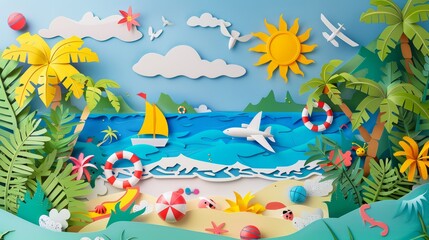Three-dimensional paper art, seaside atmosphere with beach chairs, coconut trees, clouds, sandy beach.