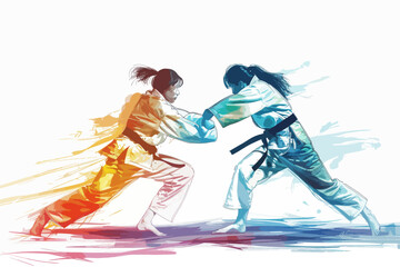 Obraz premium Two female martial artists grappling. One is highlighted in warm tones, the other in cool tones.. Olympics in France 2024.