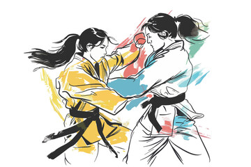 Obraz premium Two female martial artists sparring. One is wearing a yellow uniform and the other a white uniform.. Olympics in France 2024.