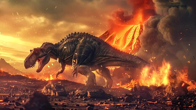 Prehistoric Peril: Dinosaur's Daring Escape from Volcanic Fury. Seamless looping time-lapse virtual 4k video animation background