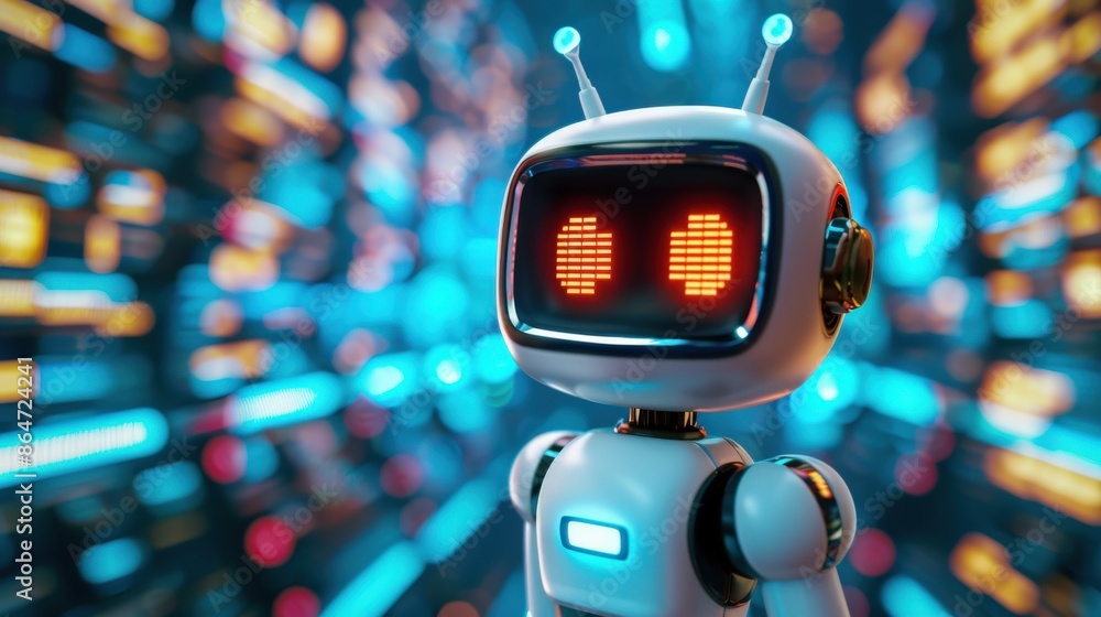Poster a robot with red eyes stands in front of a blurry background