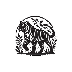 Hand Drawn Tiger Silhouette Isolated On White Background. Vector Illustration In Flat Style.