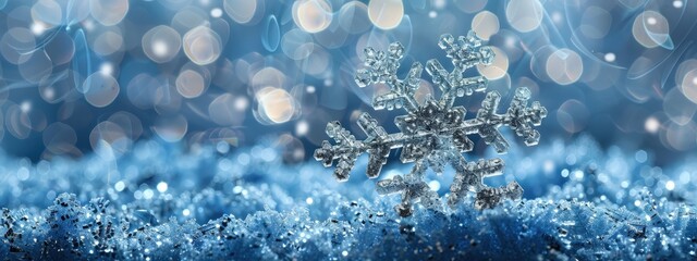 Sparkling Snowflake Macro with Blue Bokeh Background