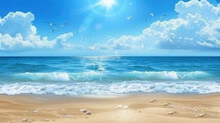 Sunny Beach Seascape with Seagulls and Shells