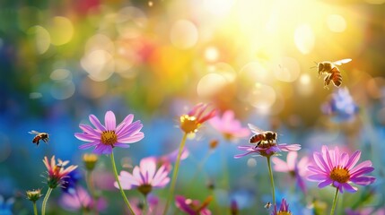 Sunny Day Bees Fly Over Pink Flowers