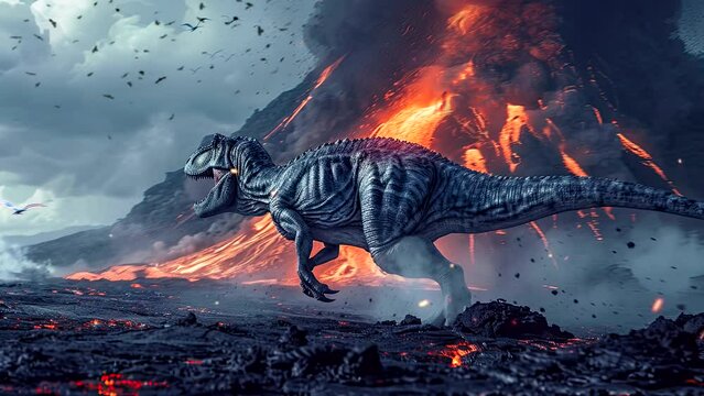 Prehistoric Predicament: Dinosaur's Narrow Escape from Volcanic Devastation. Seamless looping time-lapse virtual 4k video animation background