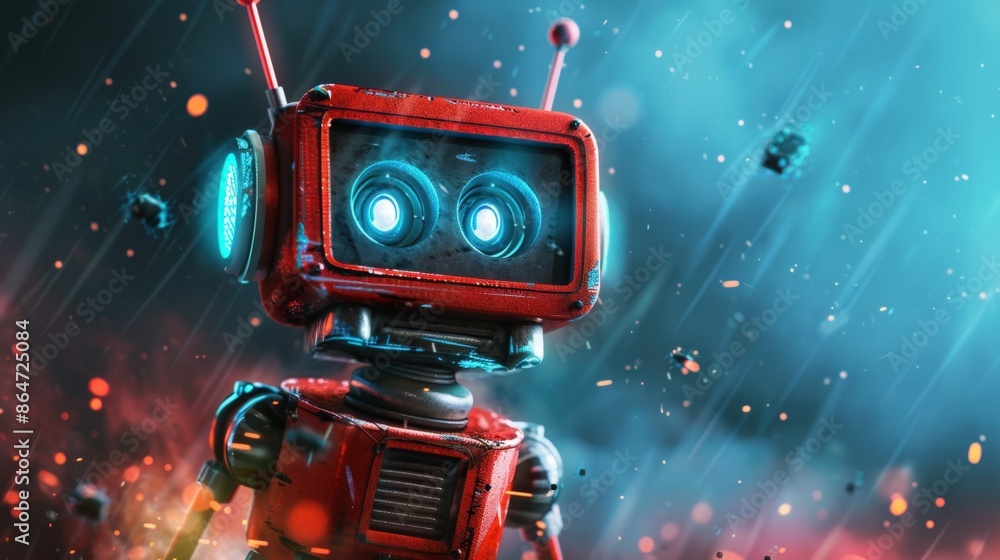 Poster a robot with red eyes and a red body stands in front of a blue background