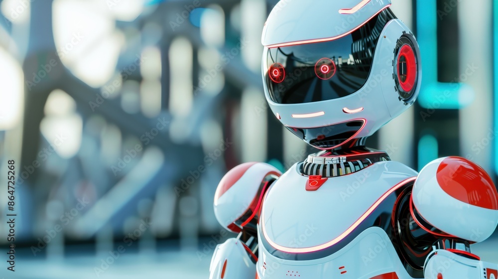 Aufkleber a robot with red eyes stands in front of a building