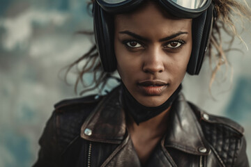 Close-up portrait of an african american stunt woman wearing leather jacket and motorbike helmet