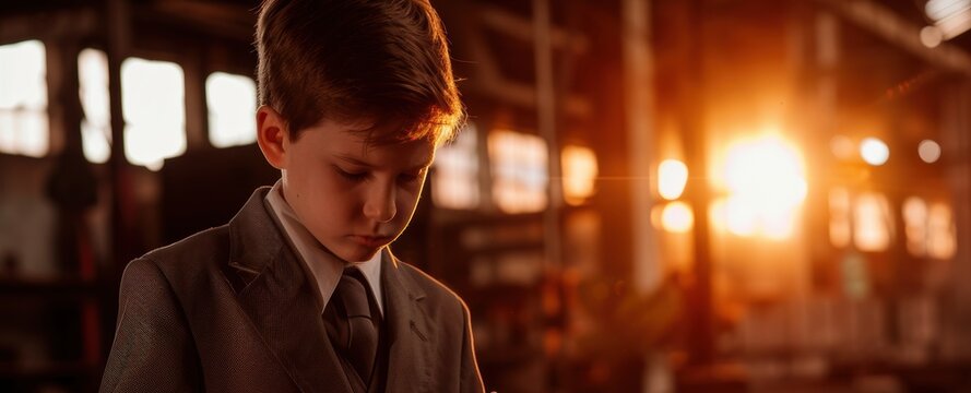 Young detective, adorned in hat and trench coat, examines clues in urban setting with magnifying glass, conjuring a playful yet suspenseful scenario.