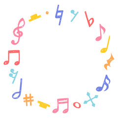 手書きの音符記号の円形フレーム、音符、休符、変化記号
