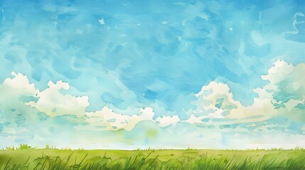 Fototapeta premium Watercolor sky and grass field. Idyllic scene with fluffy clouds in a blue sky over a lush green field. Perfect for nature and travel designs.