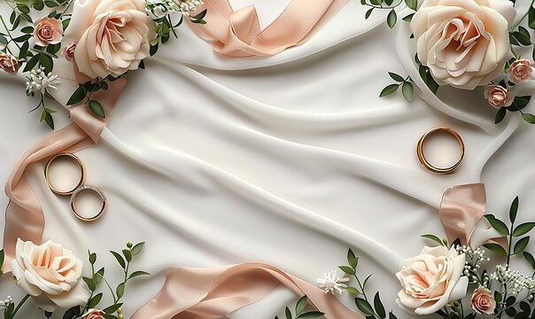 blank wedding invitations cards mockups with space for text golden rings ribbon flowers on white textile background flat lay top view.photo stock