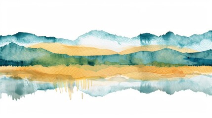 Naklejka premium Abstract watercolor mountain landscape. Blue and gold watercolor abstract mountain landscape painting, minimalist design perfect for wall art, prints, or backgrounds.