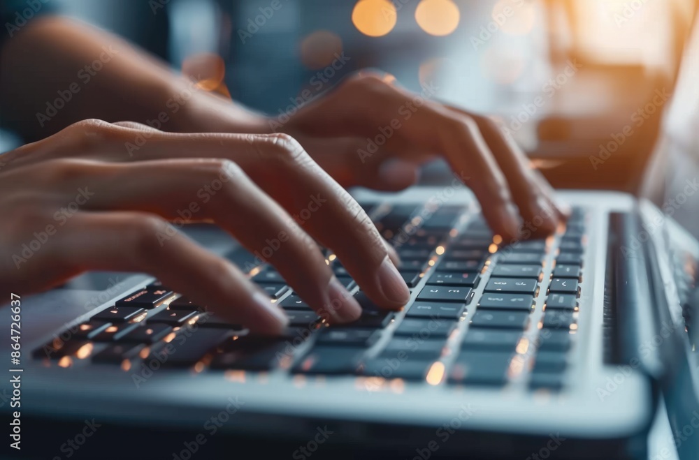 Poster closeup image of hands typing on a laptop keyboard with ambient lighting, illustrating computer work