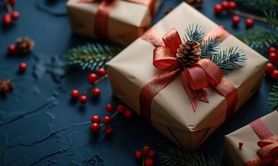 elegantly wrapped gift boxes against a deep blue backdrop ideal for festive season promotions greeting card designs and marketing materials that require a touch of celebration.image illustration
