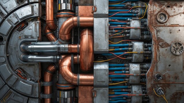  view of a futuristic metal and copper piping system