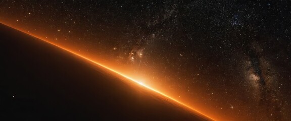 A digital illustration depicting a distant planets orange horizon as sunlight reflects off its atmosphere, with a field of stars and the Milky Way visible in the background
