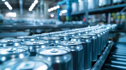 Obraz premium Precision in Production: Labeling Cans in an Industrial Hall with Soft Blue Light