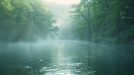 Serene Foggy Lake Surrounded by Lush Green Trees