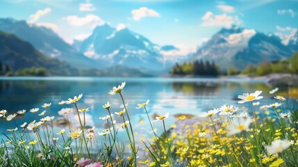 Serene Mountain Lake with Daisies in Bloom