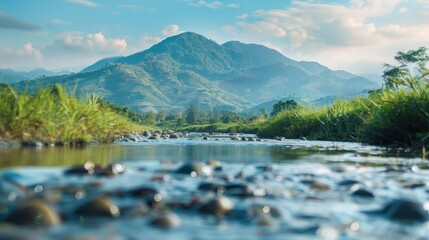 Serene Mountain River View With Green Grass And Rocks