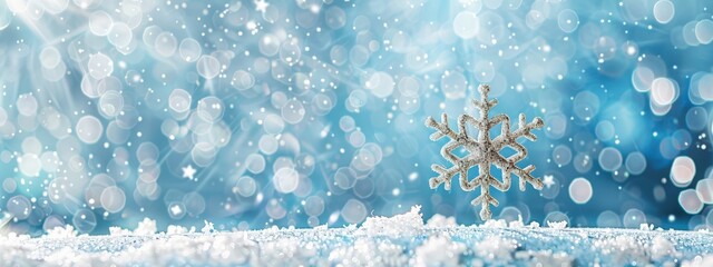 Silver Snowflake on Blue Bokeh Background with Snow