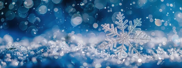 Silver Snowflake on Blue Bokeh Background