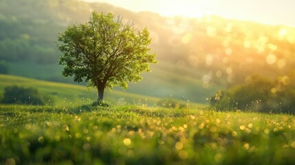 Single Tree in Grassy Meadow at Sunset