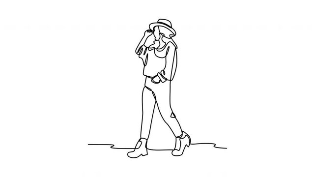 The singleline drawing features a woman gracefully walking with a stylish hat, suitable for fashion design projects or feminine themes.