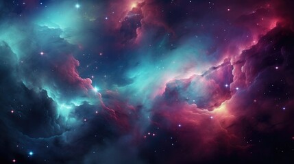 Cosmic Starry Sky Canvas Teal, Purple, and Red Nebula in Deep Space
