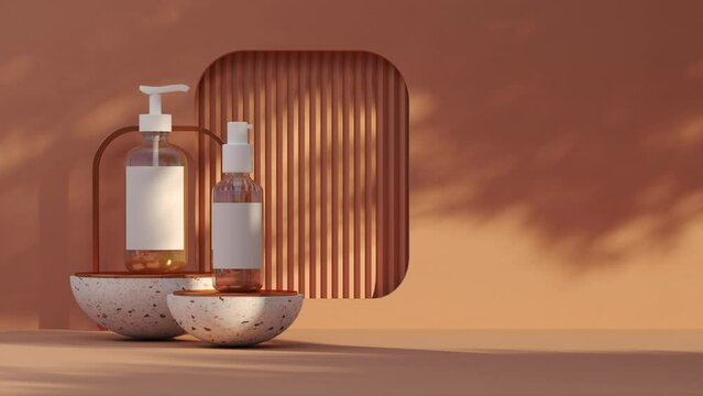 3D render animation 4K platform to place cosmetic products with tree background and shadows.