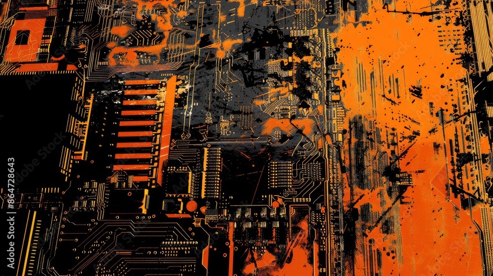 Poster the image is an abstract painting of a circuit board. the colors are vibrant and the lines are sharp