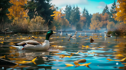 Fototapeta premium Winter beauty reflected in frozen pond, AI Generative.