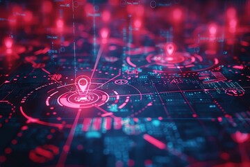 Abstract digital map with glowing location markers and data streams. Futuristic technology and navigation concept.