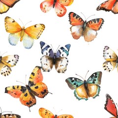 Naklejka premium Elegant Butterfly Watercolor Artwork - Vibrant butterflies in soft watercolor on a white background for artistic designs and decorations., seamless