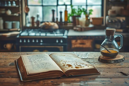 Open cookbook on rustic wooden counter in cozy kitchen. Natural light streams through window.