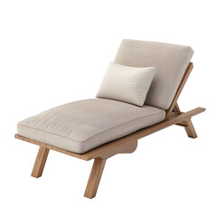 wooden sunbed with pillows on isolated white background, clipping path, PNG.

