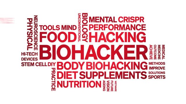 Biohacker animated word cloud;text design animation tag kinetic typography seamless loop.
