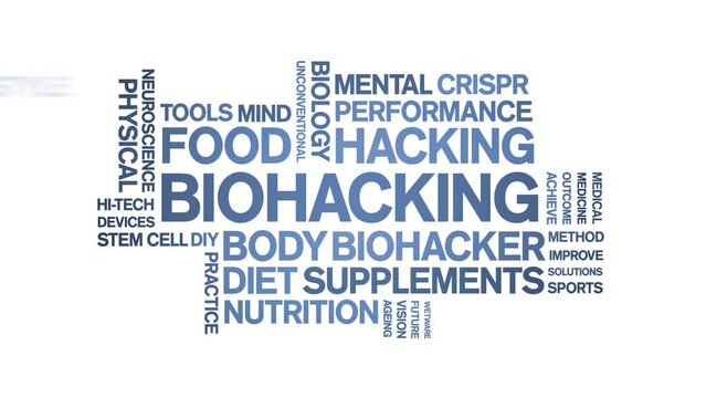 Biohacking animated word cloud;text design animation tag kinetic typography seamless loop.