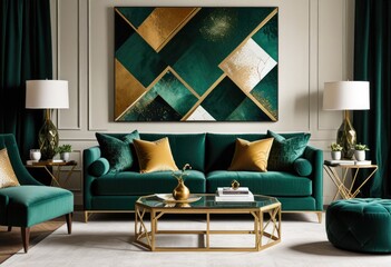 a chic living room with a deep green velvet sofa, adorned with geometric patterned cushions, a sleek glass coffee table, and abstract wall art in shades of green and gold.