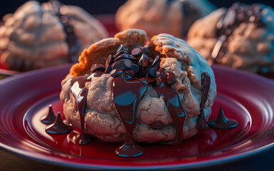 The tantalizing  cookie with chocolate chips are on red plate