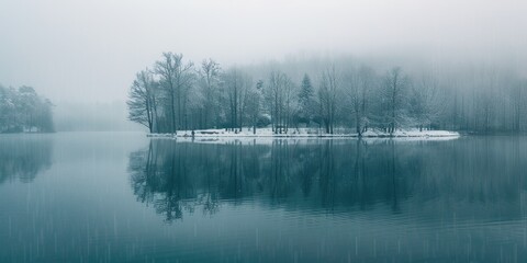 Fototapeta premium Misty Reflections on a Foggy Lake with Bare Trees, Snowy Landscape and Lonely Island, AI-Generated High-Resolution Winter Wallpaper Evoking Solitude and Reflection