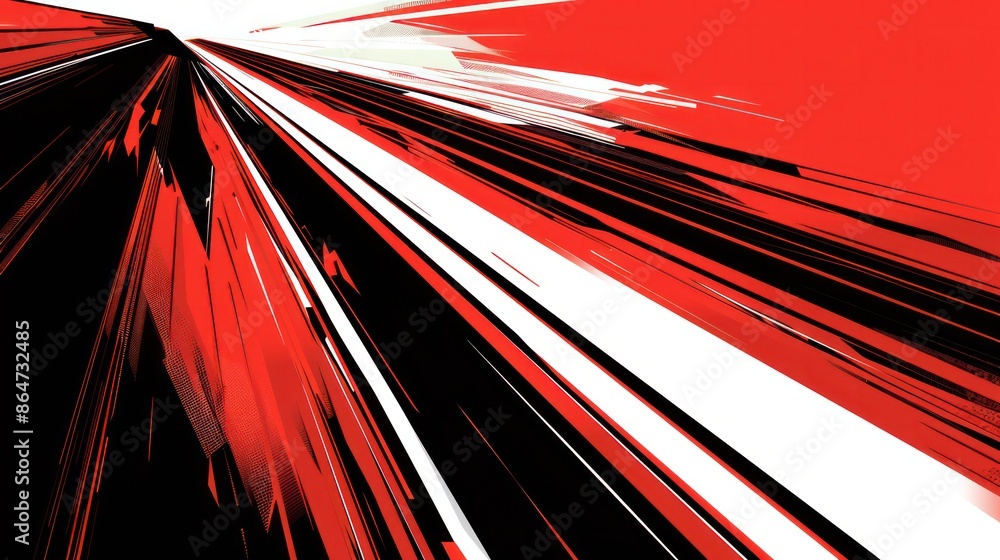 Poster a red and white image with black lines that looks like a train