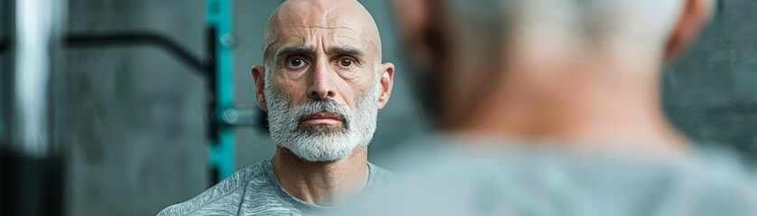 Obraz premium Mature Man With Gray Beard Looking At Reflection.